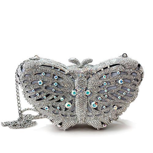 LO2366 Imitation Rhodium White Metal Clutch adorned with top-grade white crystals, showcasing an elegant design.