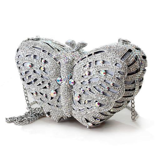 LO2366 Imitation Rhodium White Metal Clutch adorned with top-grade white crystals, showcasing an elegant design.