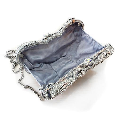 LO2366 Imitation Rhodium White Metal Clutch adorned with top-grade white crystals, showcasing an elegant design.