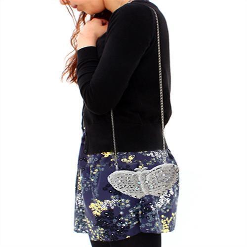 LO2366 Imitation Rhodium White Metal Clutch adorned with top-grade white crystals, showcasing an elegant design.