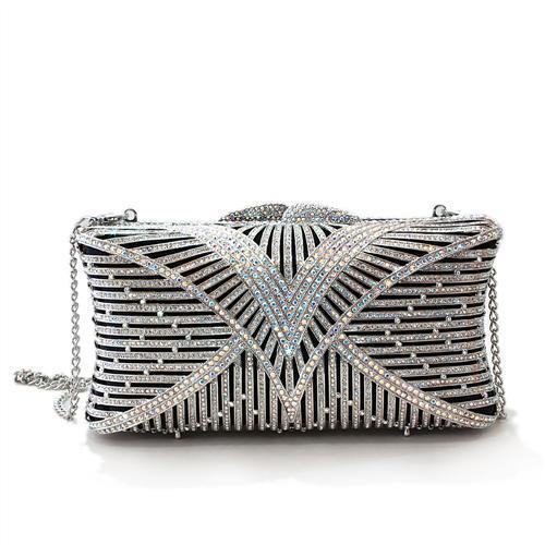 LO2362 Imitation Rhodium White Metal Clutch with Top Grade Crystal, showcasing its elegant design and sparkling accents.