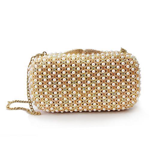 LO2377 Gold White Metal Clutch adorned with multi-color top-grade crystals, showcasing its elegant design and luxurious finish.