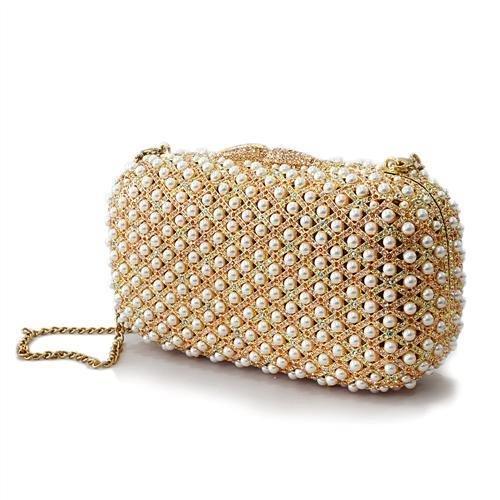 LO2377 Gold White Metal Clutch adorned with multi-color top-grade crystals, showcasing its elegant design and luxurious finish.