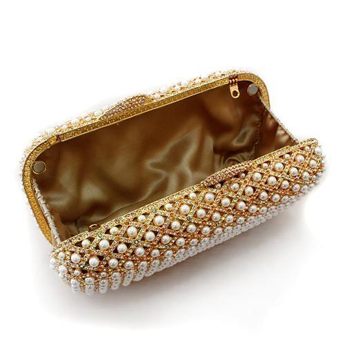 LO2377 Gold White Metal Clutch adorned with multi-color top-grade crystals, showcasing its elegant design and luxurious finish.