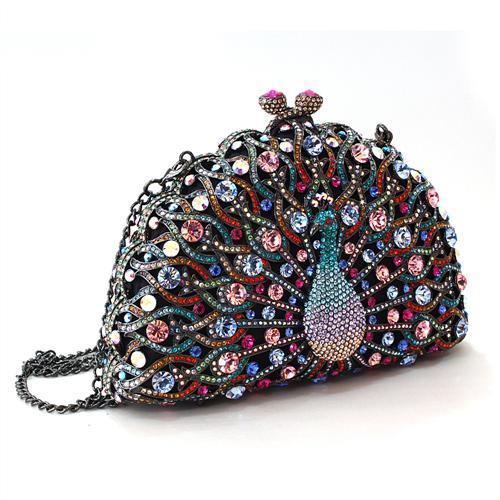 LO2370 Ruthenium White Metal Clutch adorned with multi-colored top grade crystals, showcasing its elegant design and luxurious finish.