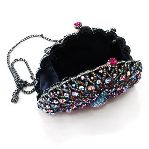 LO2370 Ruthenium White Metal Clutch adorned with multi-colored top grade crystals, showcasing its elegant design and luxurious finish.