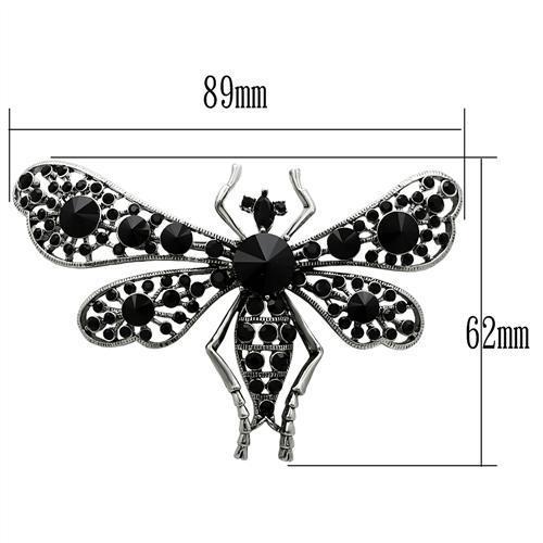 LO2391 Imitation Rhodium White Metal Brooch featuring a jet-colored top grade crystal centerpiece, elegantly designed for versatile wear.