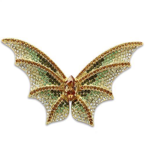 LO2400 Gold White Metal Brooch featuring multi-color top grade crystals, elegantly designed for versatile fashion.