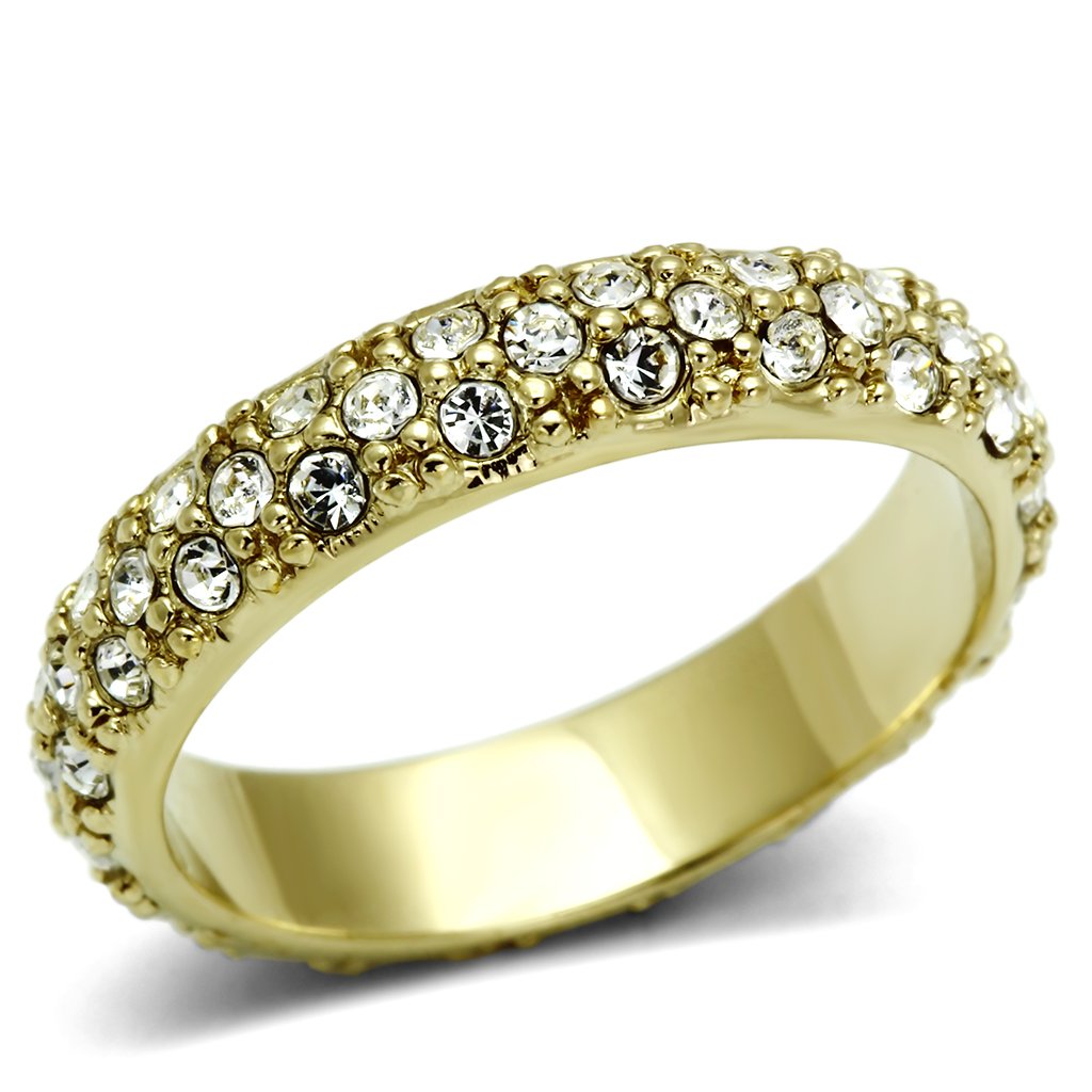 LO2480 Gold Brass Ring featuring a sparkling clear top grade crystal, elegantly designed for any occasion.