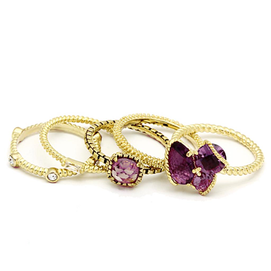 LO2502 Gold Brass Ring featuring a synthetic glass stone in amethyst color, elegantly designed for stylish wear.