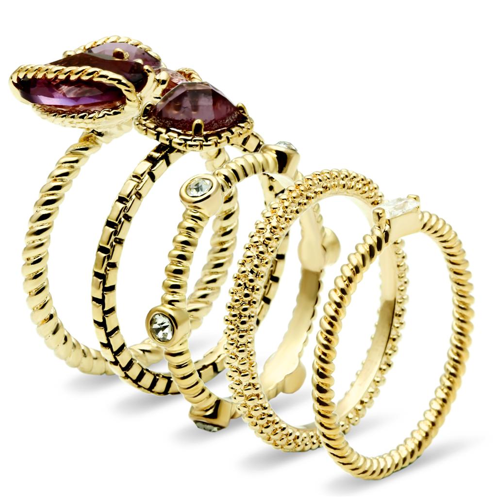 LO2502 Gold Brass Ring featuring a synthetic glass stone in amethyst color, elegantly designed for stylish wear.