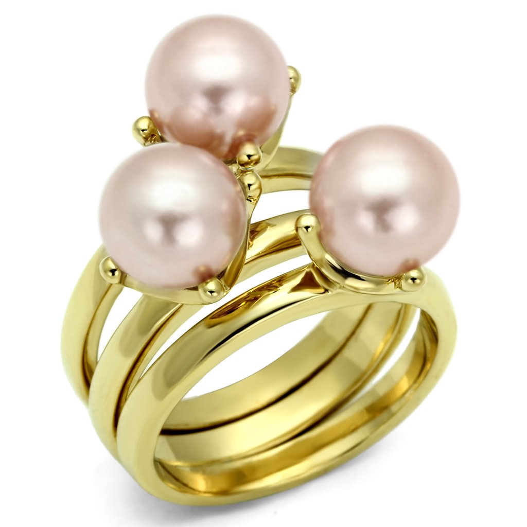 LO2508 Gold Brass Ring featuring a Light Rose Synthetic Pearl, showcasing its elegant design and luxurious finish.