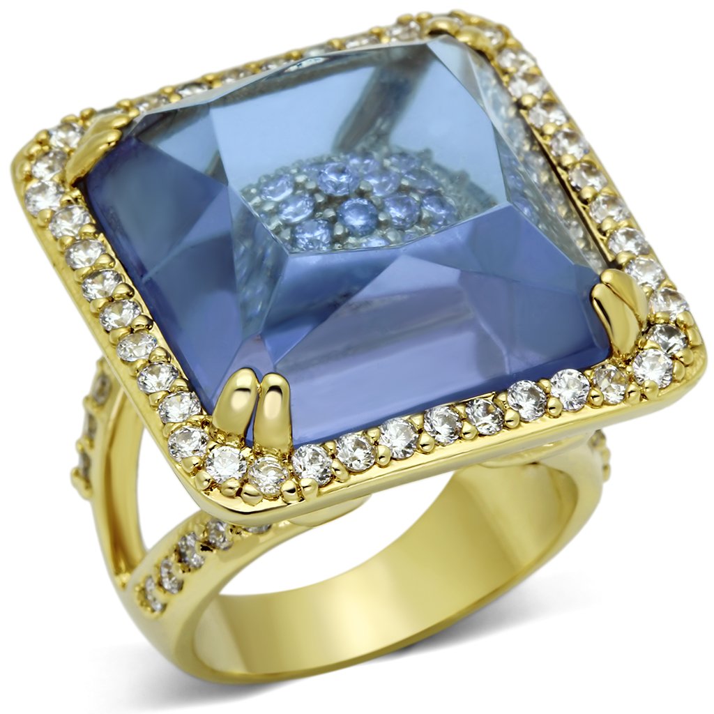 LO2511 Gold Brass Ring featuring a light amethyst synthetic glass stone, elegantly designed for stylish wear.