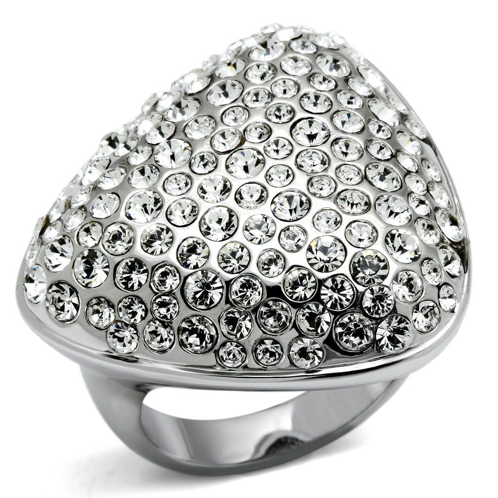 LO2515 Rhodium Brass Ring featuring a clear top grade crystal, showcasing its elegant design and luxurious finish.