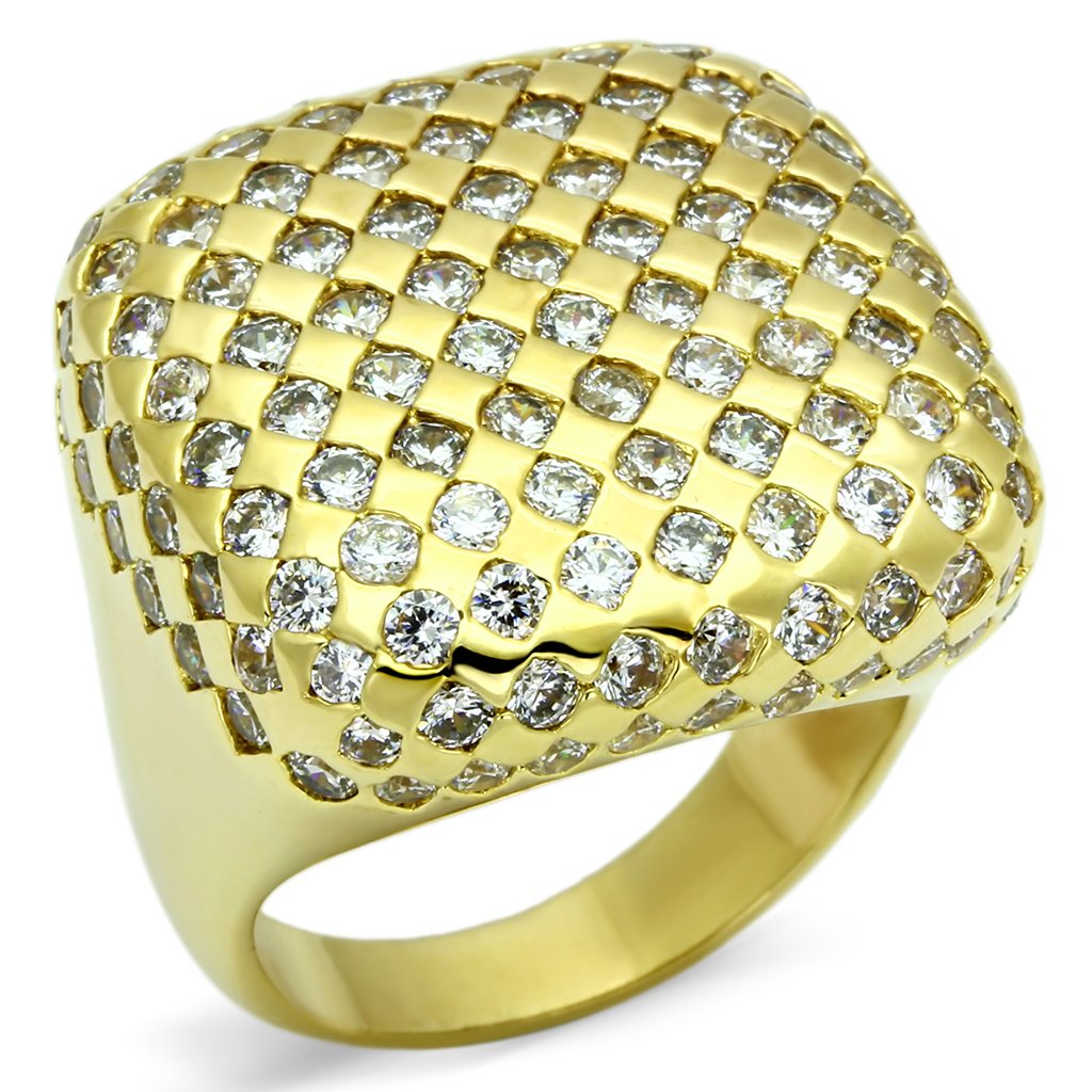 LO2516 Gold Brass Ring featuring a clear AAA Grade CZ stone, showcasing its elegant design and luxurious finish.