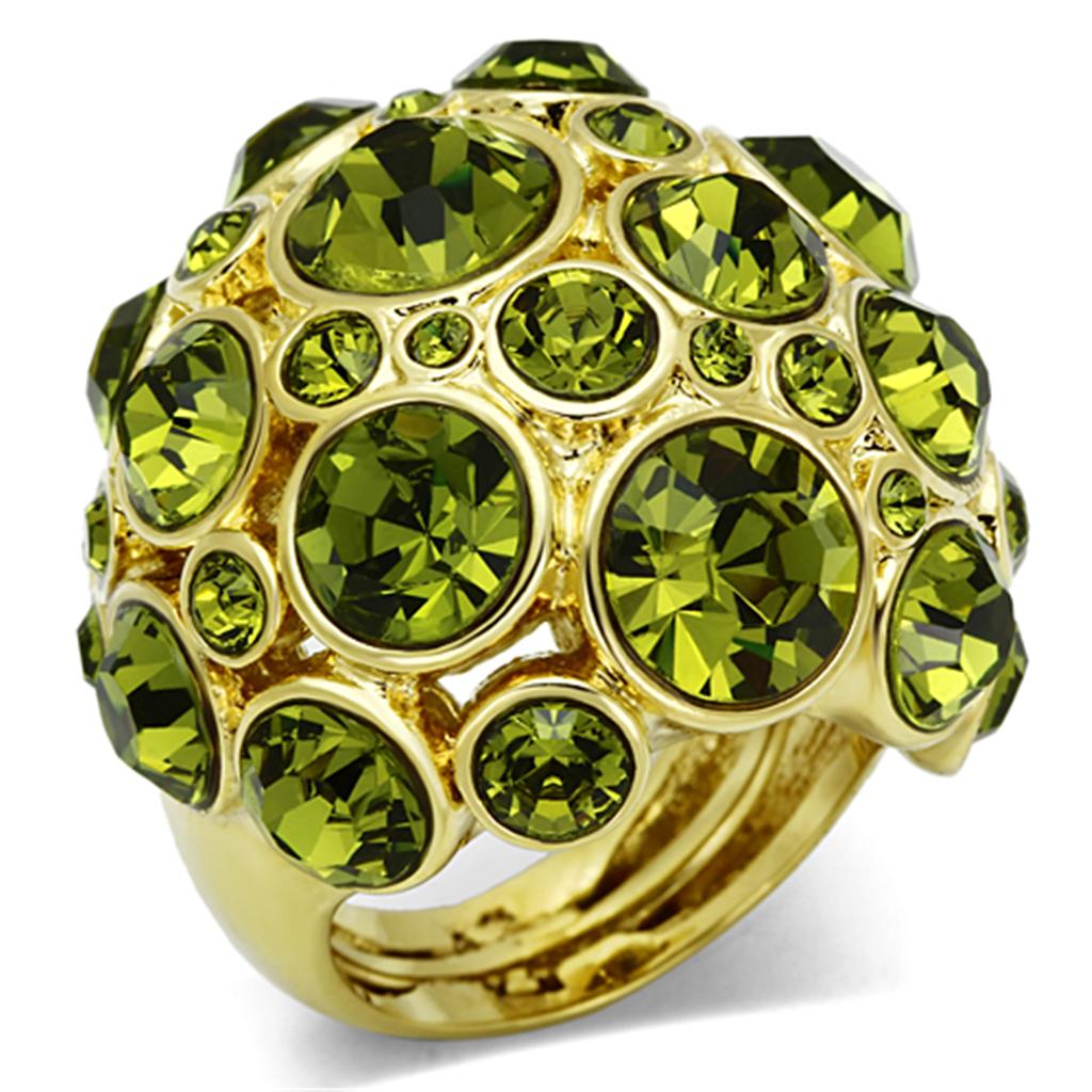 LO2544 Gold Brass Ring featuring a stunning olivine top-grade crystal, elegantly designed for any occasion.