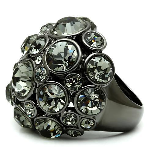 LO2545 Ruthenium Brass Ring featuring a black diamond crystal centerpiece, showcasing elegance and sophistication.