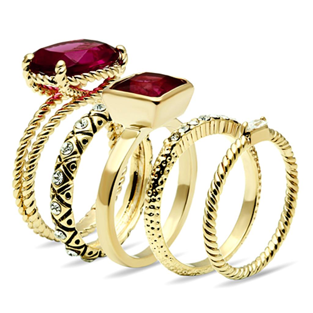 LO2548 Gold Brass Ring featuring a synthetic ruby glass stone, elegantly designed with a polished gold finish.