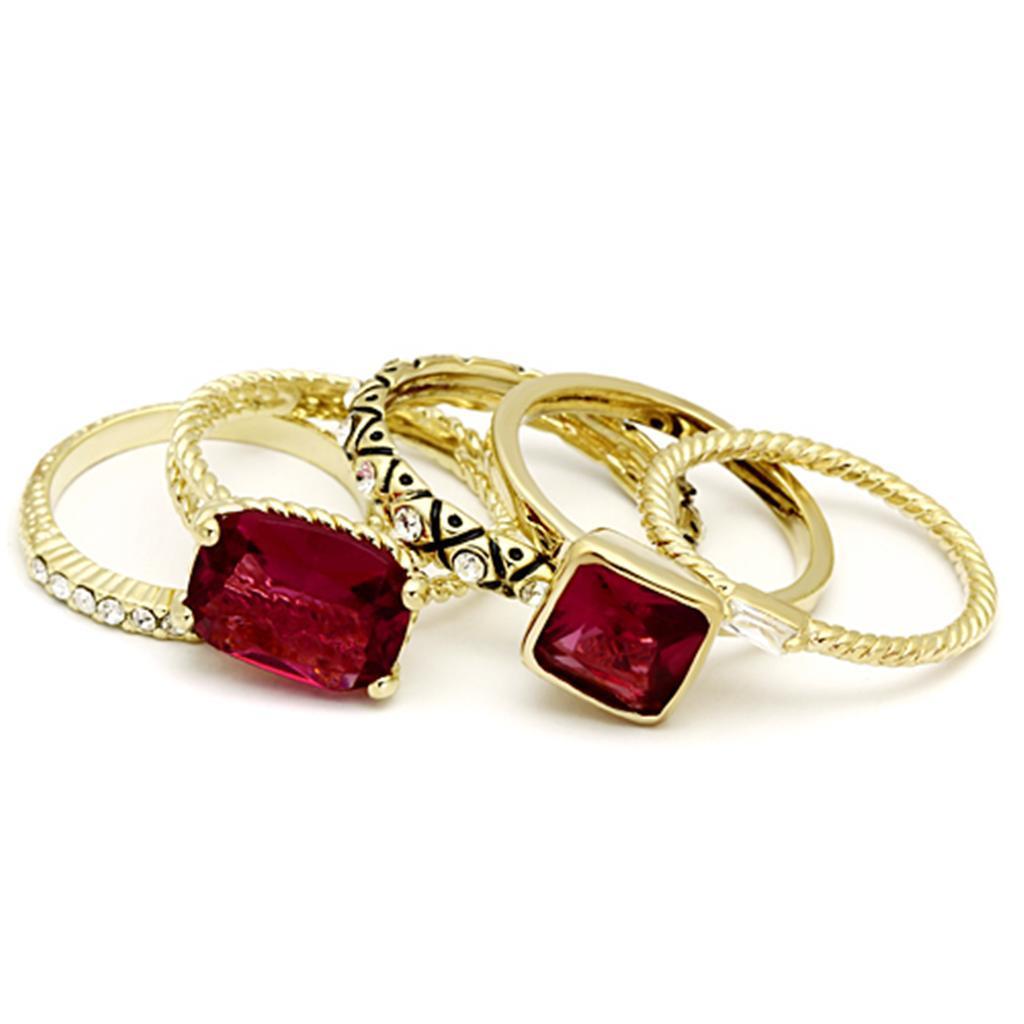 LO2548 Gold Brass Ring featuring a synthetic ruby glass stone, elegantly designed with a polished gold finish.