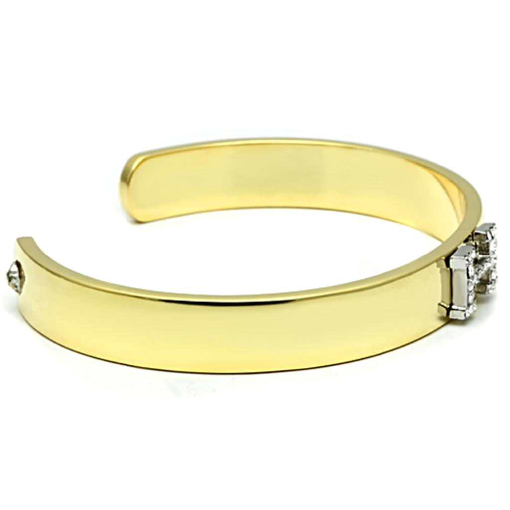 Elegant LO2577 Gold and Rhodium White Metal Bangle featuring a clear top grade crystal, perfect for any occasion.