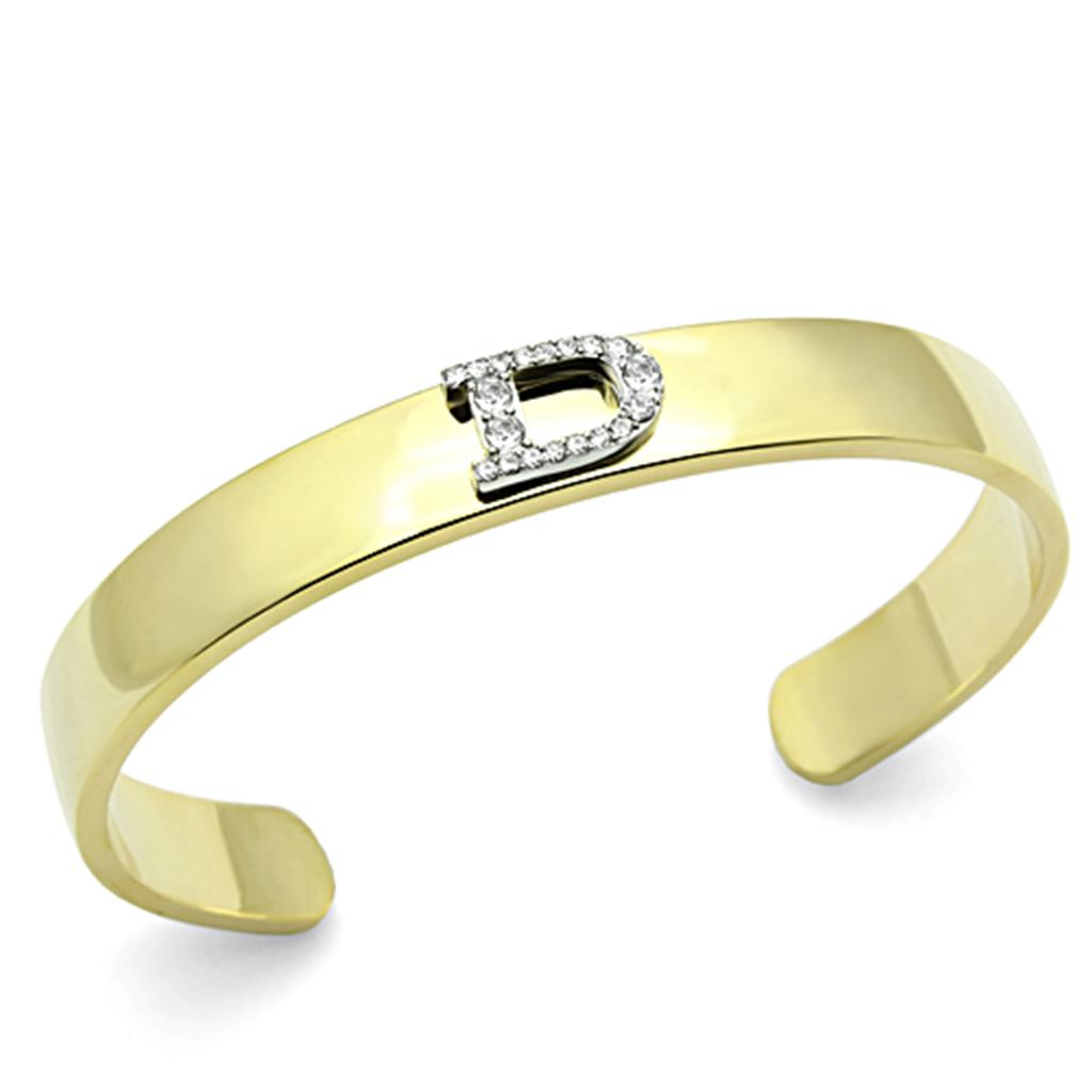 Elegant LO2573 Gold and Rhodium White Metal Bangle featuring a clear Top Grade Crystal centerpiece, showcasing its luxurious design.