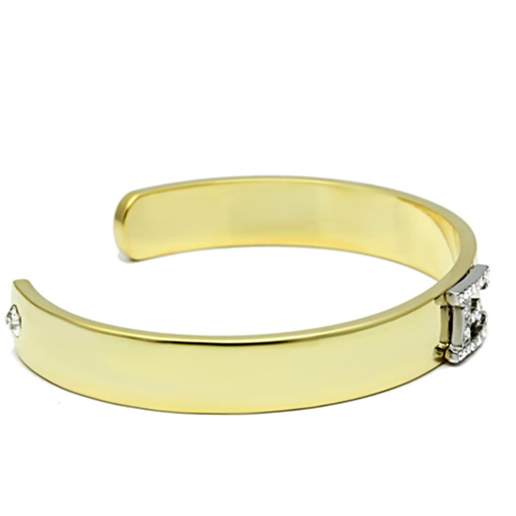 LO2574 Gold and Rhodium White Metal Bangle featuring a clear top-grade crystal centerpiece, showcasing elegance and sophistication.