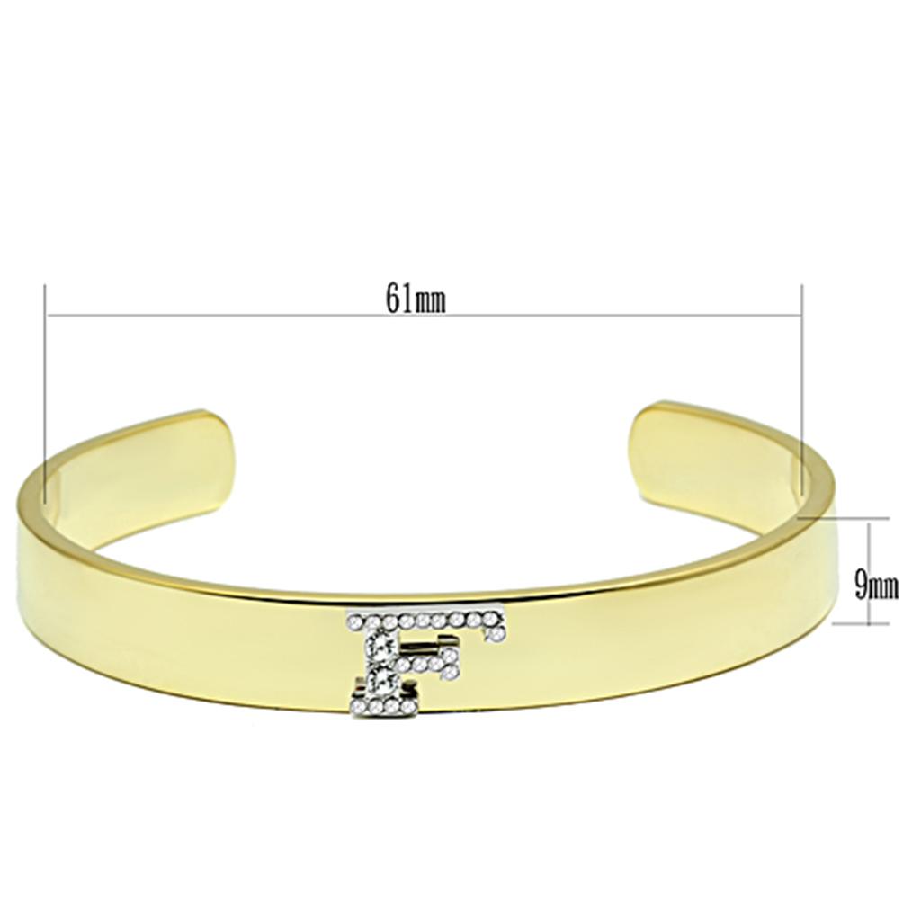 LO2575 Gold and Rhodium White Metal Bangle featuring a clear top-grade crystal centerpiece, showcasing elegance and sophistication.