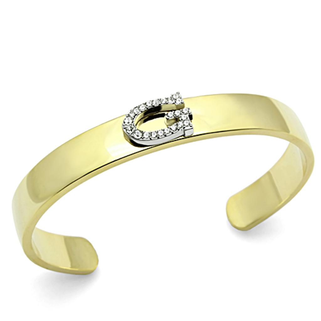 LO2576 Gold and Rhodium White Metal Bangle featuring a clear top grade crystal, showcasing elegance and sophistication.