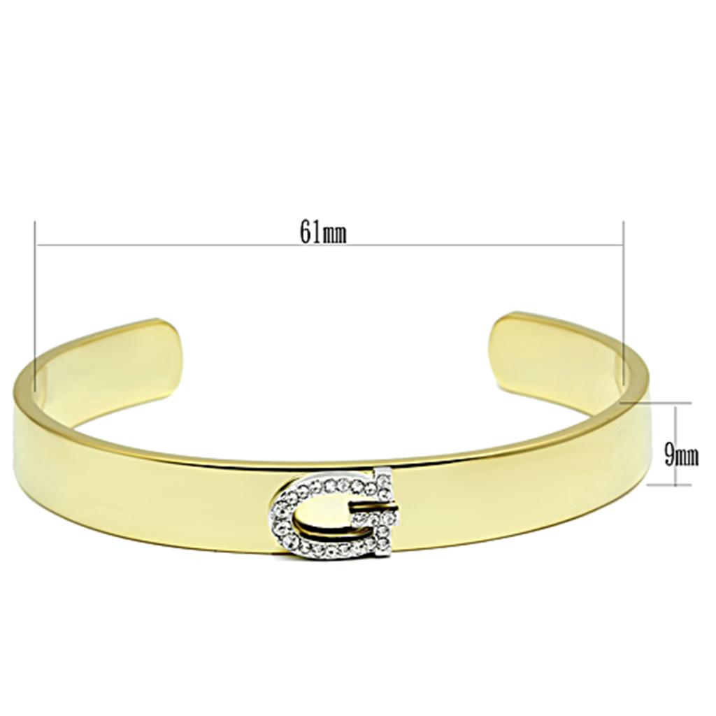 LO2576 Gold and Rhodium White Metal Bangle featuring a clear top grade crystal, showcasing elegance and sophistication.