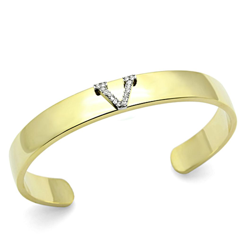 LO2591 Gold and Rhodium White Metal Bangle featuring a clear top grade crystal, showcasing its elegant design and luxurious finish.