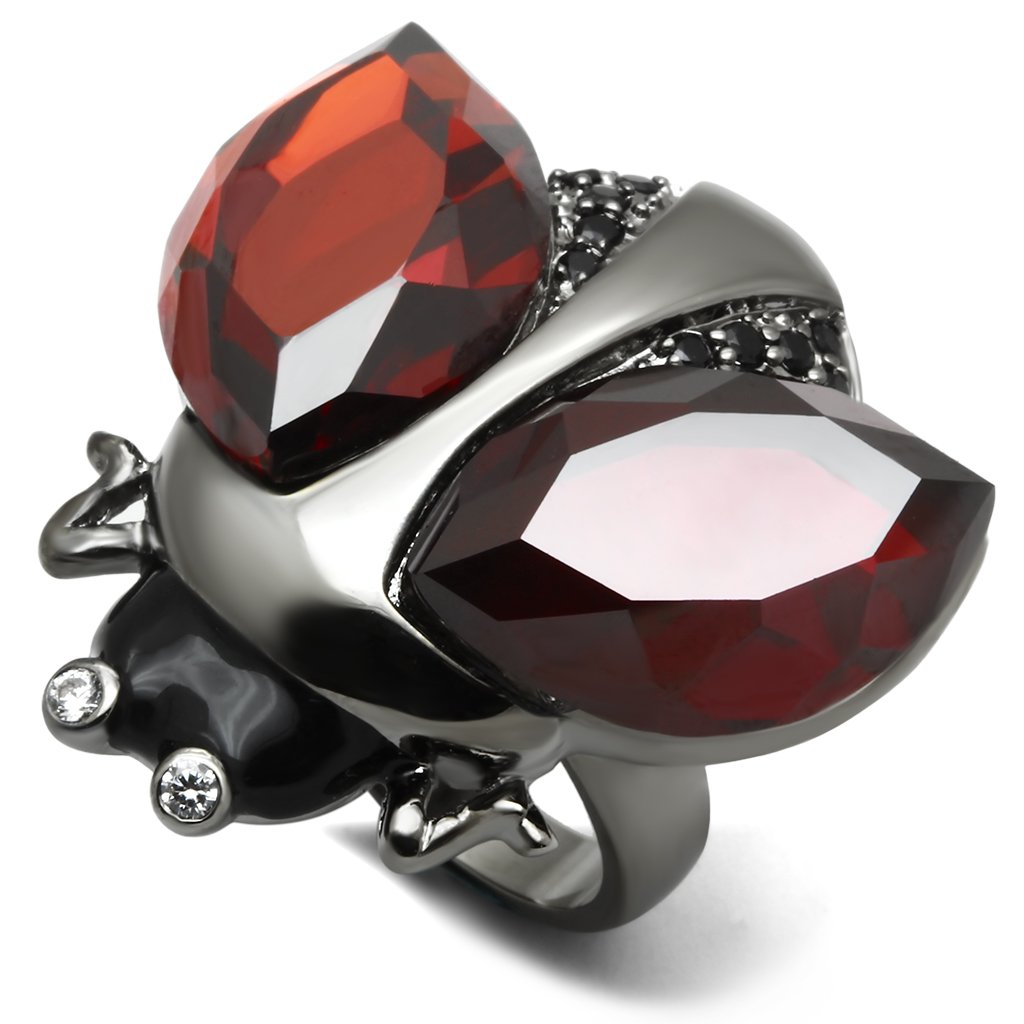 LO2601 Ruthenium Brass Ring featuring AAA Grade CZ in vibrant garnet color, showcasing its elegant design and luxurious finish.