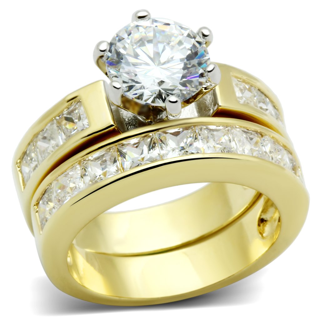 LO2603 Gold and Rhodium Brass Ring featuring a clear AAA Grade CZ stone, showcasing elegance and luxury.