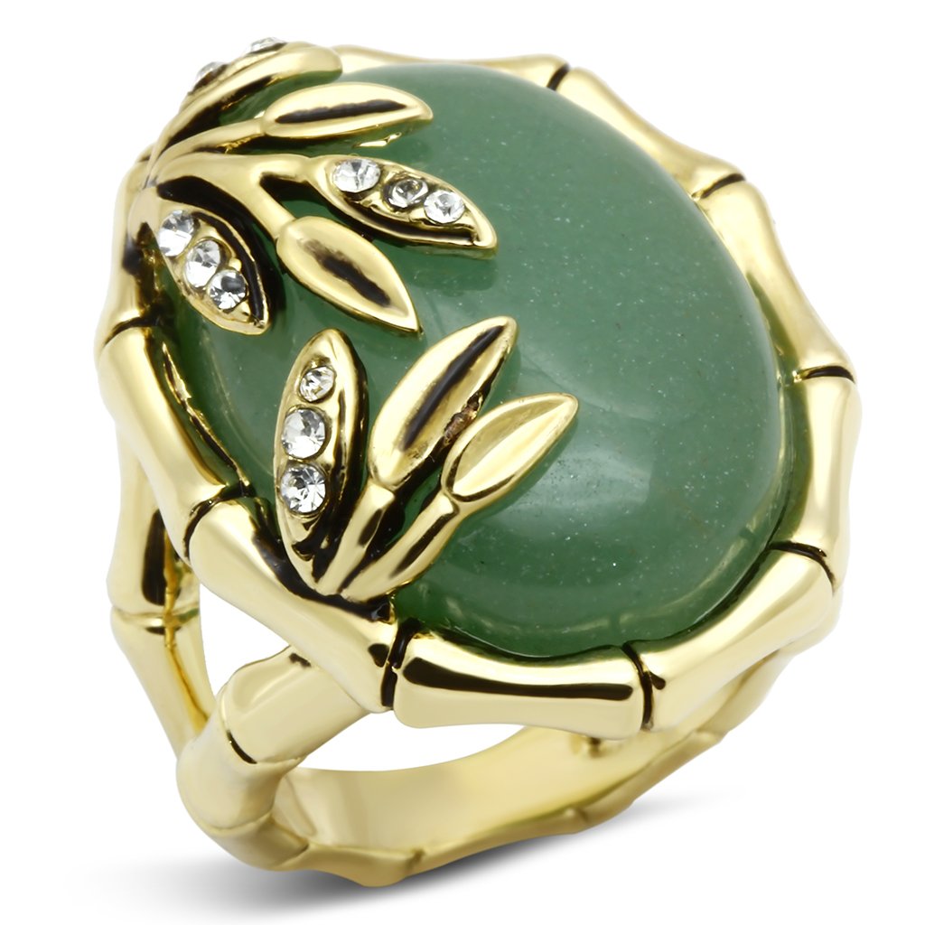 LO2609 Gold Brass Ring featuring a semi-precious jade stone in emerald color, showcasing its elegant design and craftsmanship.