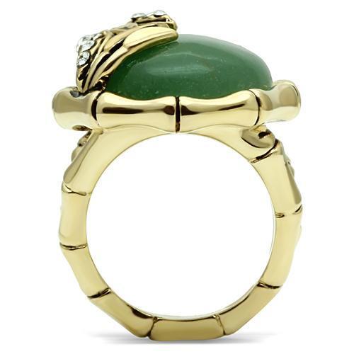 LO2609 Gold Brass Ring featuring a semi-precious jade stone in emerald color, showcasing its elegant design and craftsmanship.
