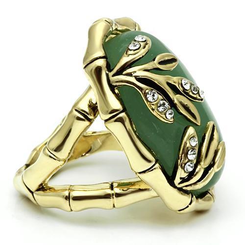 LO2609 Gold Brass Ring featuring a semi-precious jade stone in emerald color, showcasing its elegant design and craftsmanship.