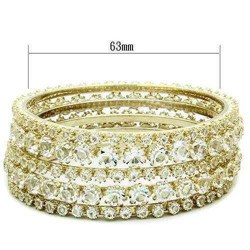 LO2617 Gold Brass Bangle featuring a clear top-grade crystal centerpiece, elegantly designed for stylish wear.