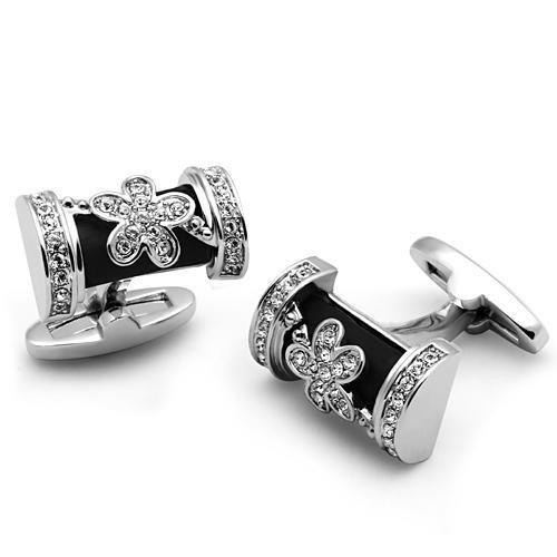 LO2632 Rhodium Brass Cufflink featuring a clear top grade crystal, showcasing its elegant design and luxurious finish.