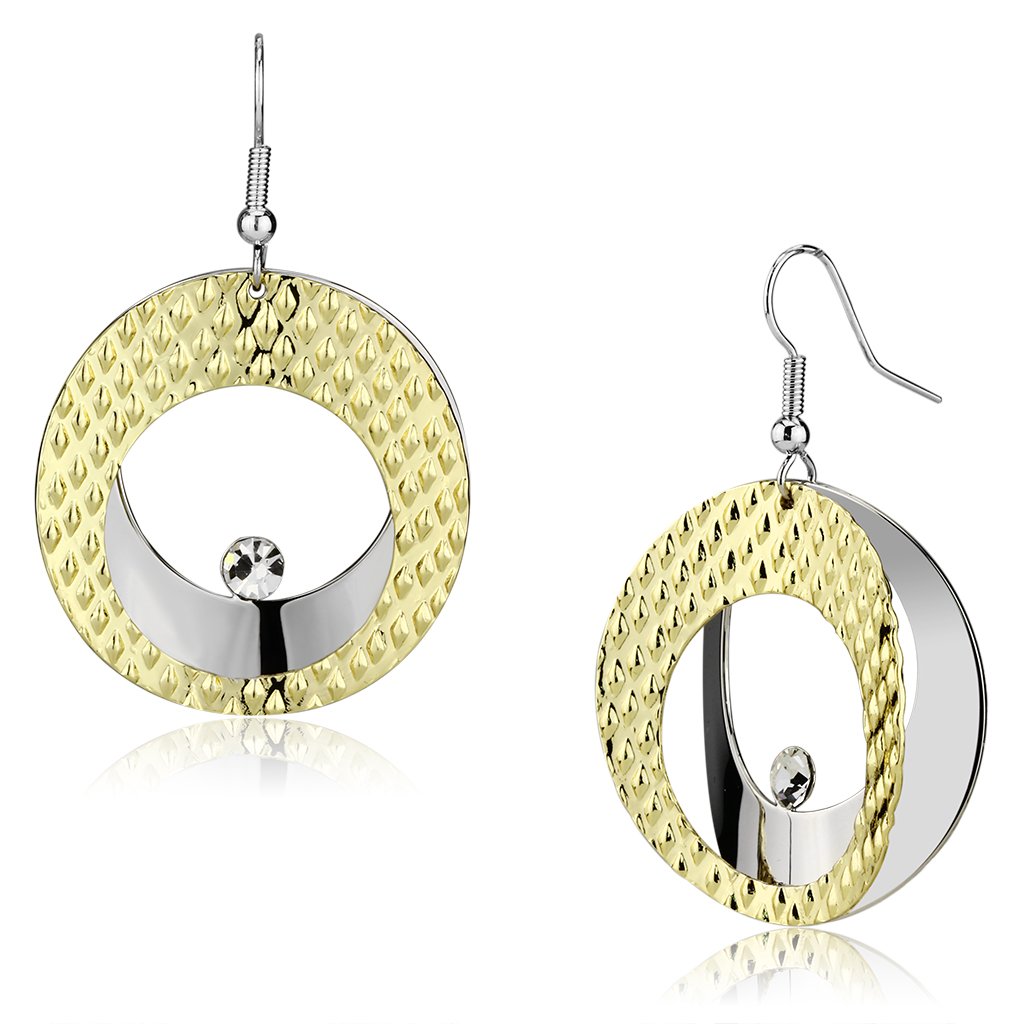 Elegant Gold and Rhodium Iron Earrings featuring a clear top-grade crystal centerpiece, showcasing a luxurious design.
