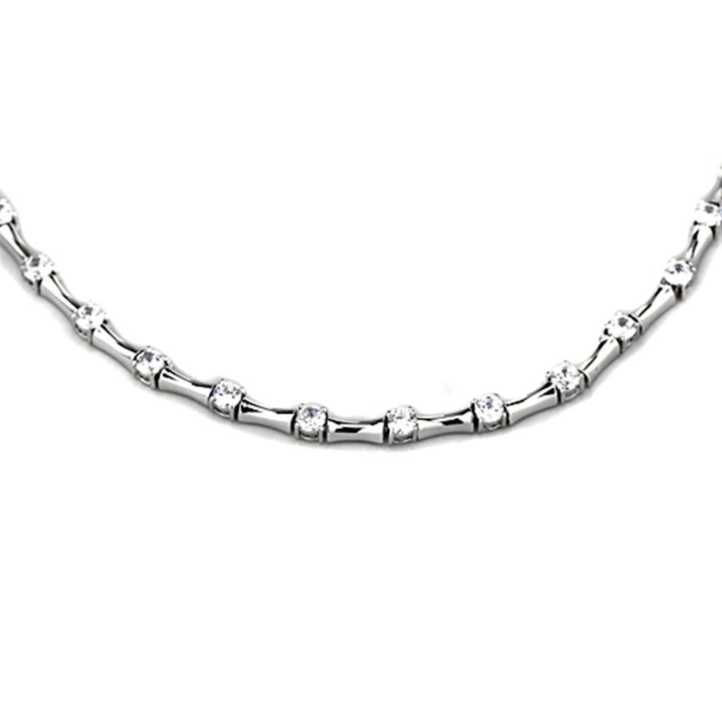 LO2709 Rhodium Brass Necklace featuring a clear AAA Grade CZ stone, elegantly designed for versatile wear.