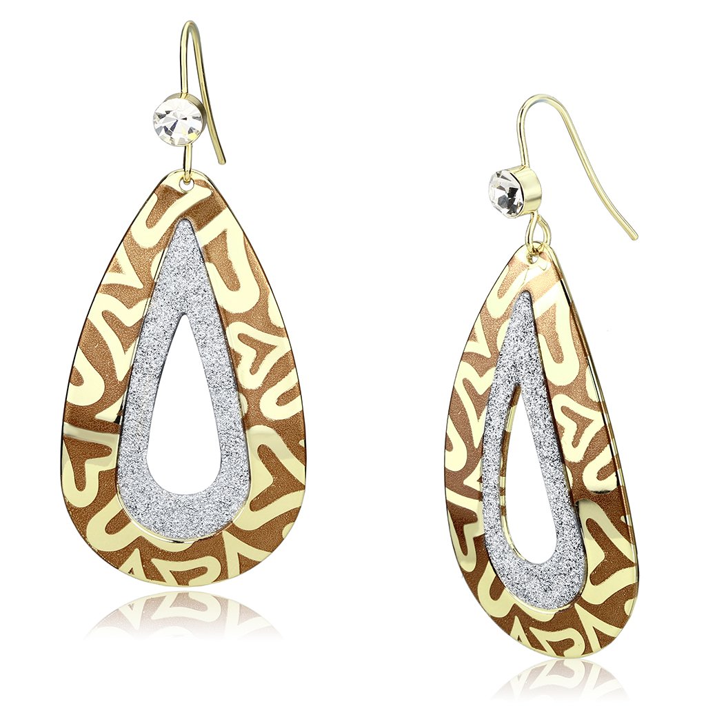 LO2732 Gold Iron Earrings featuring a clear top grade crystal centerpiece, elegantly designed for any occasion.