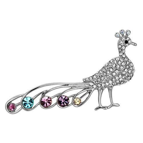 LO2797 Imitation Rhodium White Metal Brooch featuring multi-color top-grade crystals, elegantly designed for versatile styling.