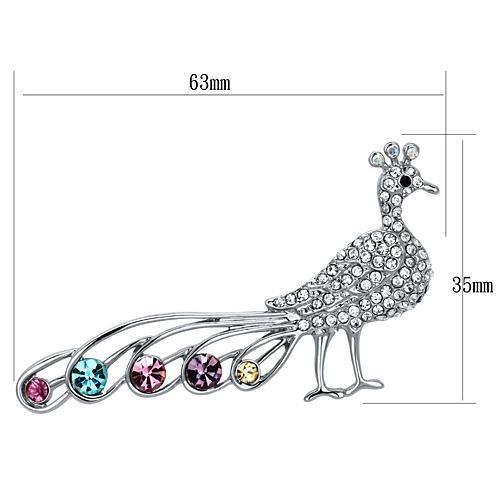 LO2797 Imitation Rhodium White Metal Brooch featuring multi-color top-grade crystals, elegantly designed for versatile styling.