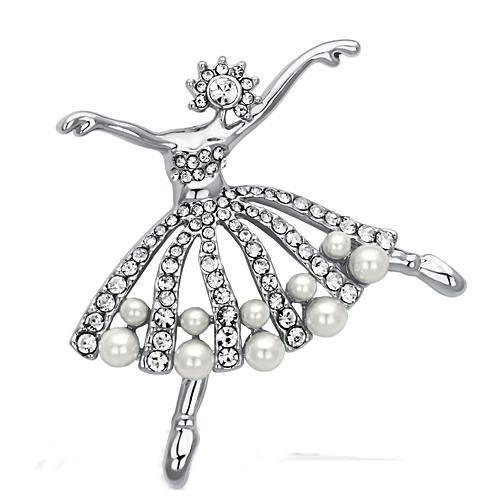 LO2801 Imitation Rhodium White Metal Brooch featuring a synthetic pearl, showcasing its elegant design and shiny finish.