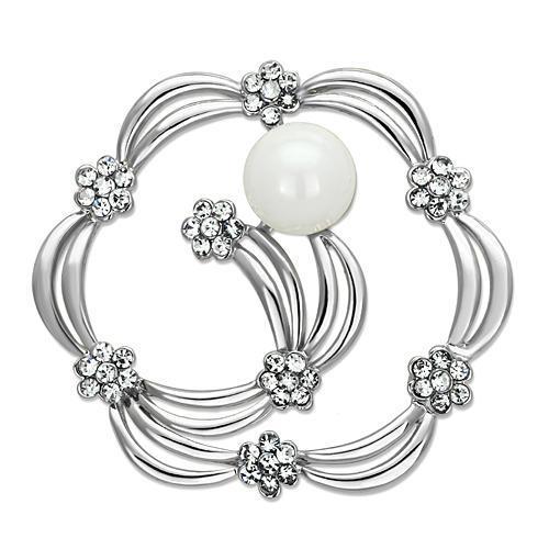 LO2809 Imitation Rhodium White Metal Brooch featuring a synthetic pearl centerpiece, showcasing elegance and sophistication.