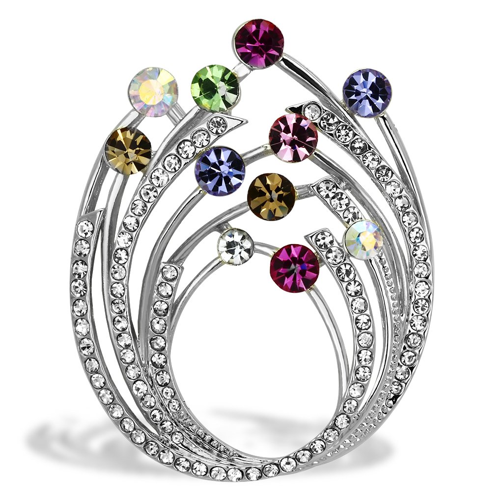 LO2811 Imitation Rhodium White Metal Brooch featuring multi-color top grade crystals, elegantly designed for versatile wear.