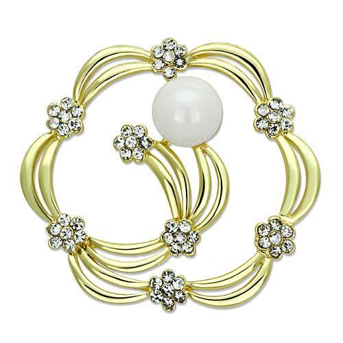 LO2810 Flash Gold White Metal Brooch featuring a synthetic pearl centerpiece, elegantly designed for versatile fashion.
