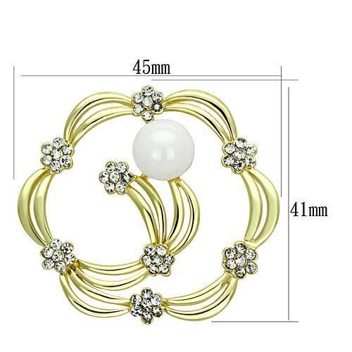 LO2810 Flash Gold White Metal Brooch featuring a synthetic pearl centerpiece, elegantly designed for versatile fashion.