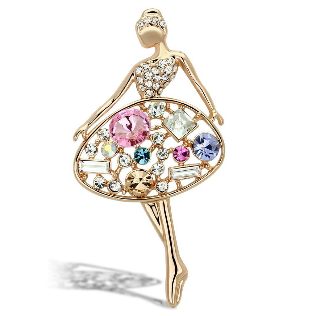 LO2817 Flash Gold White Metal Brooch featuring multi-color top-grade crystals, elegantly designed for a luxurious look.