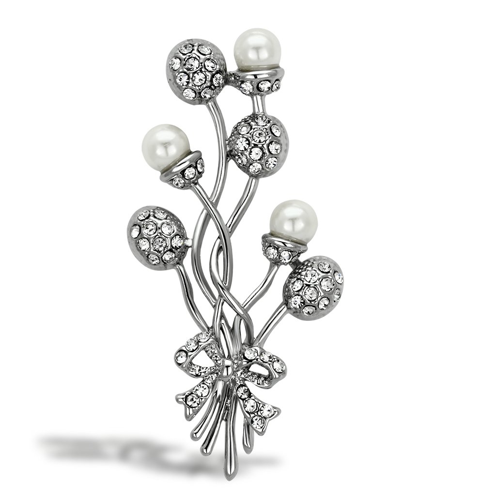 LO2835 Imitation Rhodium White Metal Brooch featuring a synthetic pearl centerpiece, elegantly designed for formal occasions.