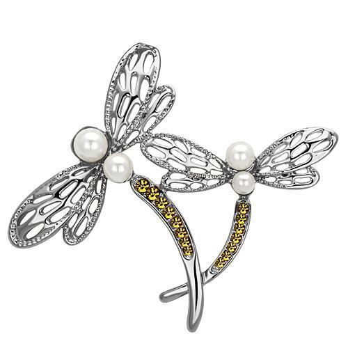 LO2836 Imitation Rhodium White Metal Brooch featuring a synthetic pearl centerpiece, elegantly designed for formal and casual wear.